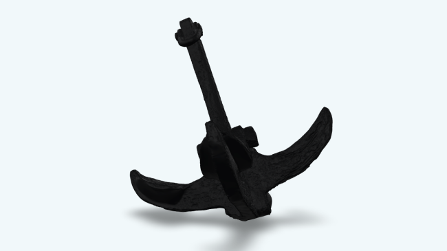Photo of a 3D model of a wrought iron anchor from the USS Monitor. The anchor has four prongs and a center column with a ring on top for attaching a line from the ship.