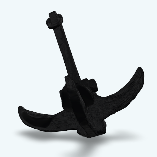Photo of a 3D model of a wrought iron anchor from the USS Monitor. The anchor has four prongs and a center column with a ring on top for attaching a line from the ship.